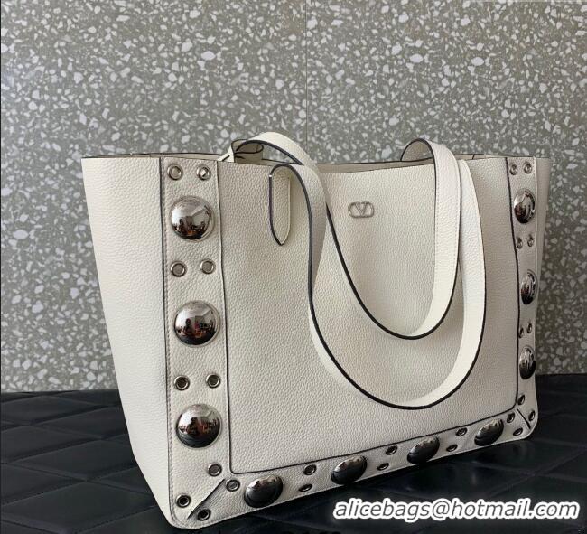 Well Crafted Valentino Medium Nellcote Shopping Bag in Grainy Calfskin with Ball Studs 0076 White 2025