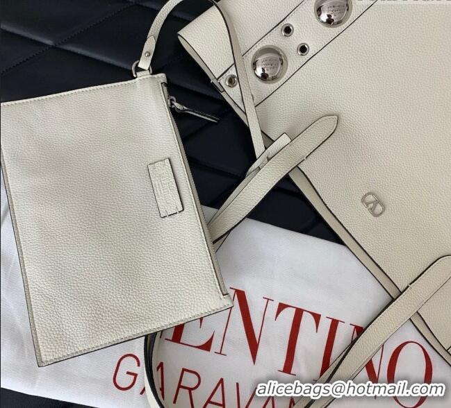 Well Crafted Valentino Medium Nellcote Shopping Bag in Grainy Calfskin with Ball Studs 0076 White 2025