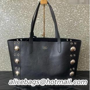 Luxury Discount Valentino Medium Nellcote Shopping Bag in Grainy Calfskin with Ball Studs 0076 Black 2025