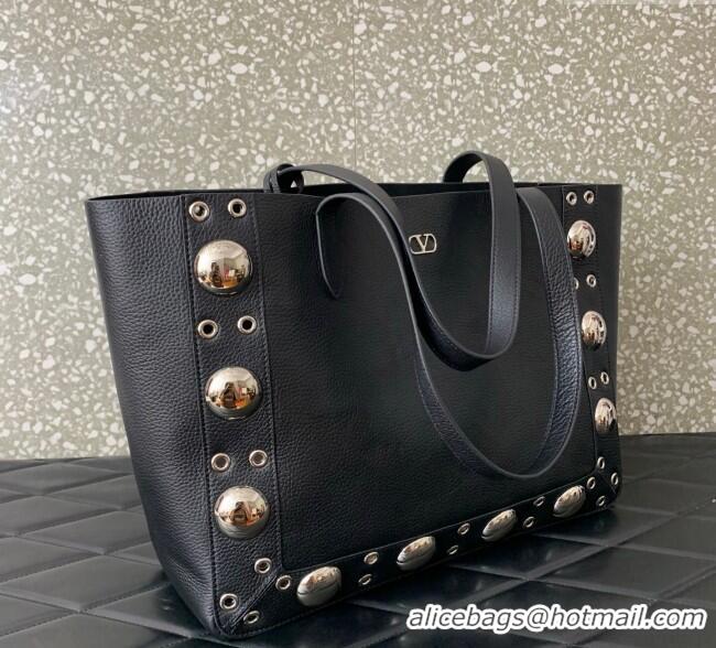 Luxury Discount Valentino Medium Nellcote Shopping Bag in Grainy Calfskin with Ball Studs 0076 Black 2025