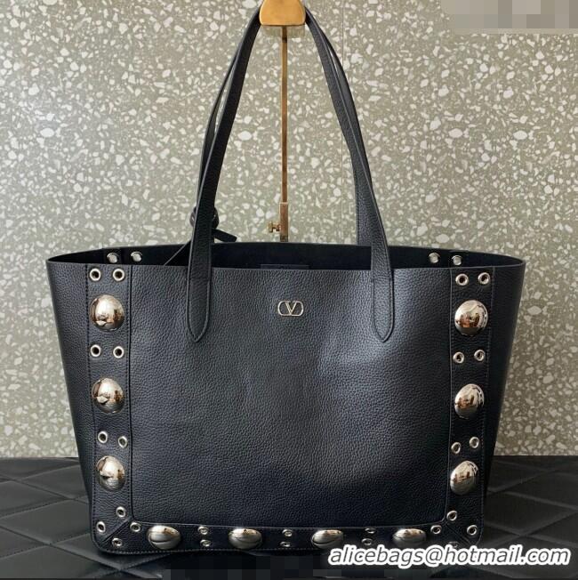 Luxury Discount Valentino Medium Nellcote Shopping Bag in Grainy Calfskin with Ball Studs 0076 Black 2025