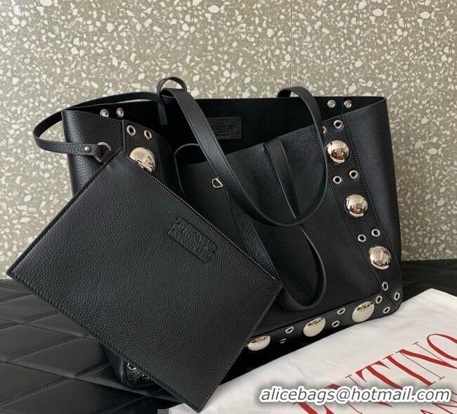 Luxury Discount Valentino Medium Nellcote Shopping Bag in Grainy Calfskin with Ball Studs 0076 Black 2025