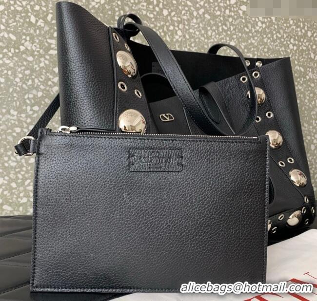 Luxury Discount Valentino Medium Nellcote Shopping Bag in Grainy Calfskin with Ball Studs 0076 Black 2025