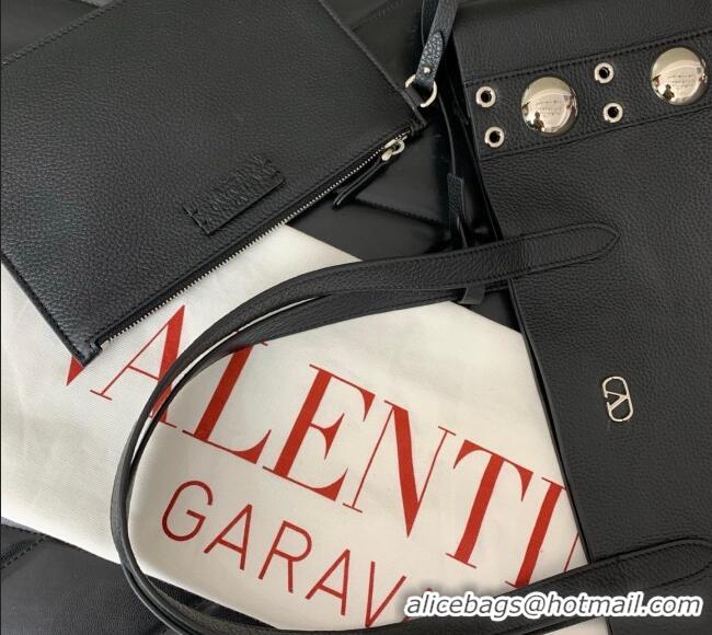 Luxury Discount Valentino Medium Nellcote Shopping Bag in Grainy Calfskin with Ball Studs 0076 Black 2025