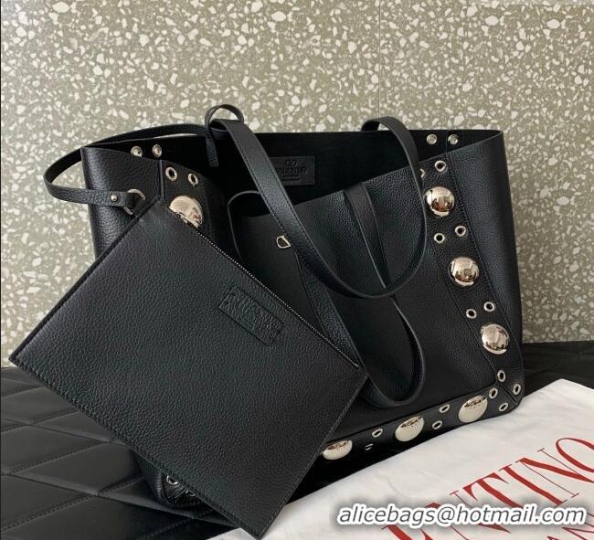 Luxury Discount Valentino Medium Nellcote Shopping Bag in Grainy Calfskin with Ball Studs 0076 Black 2025