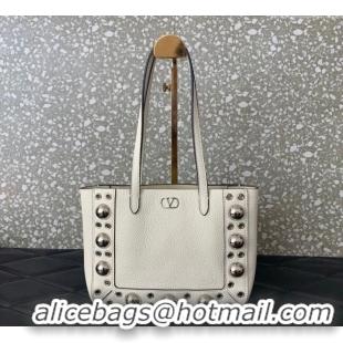 Top Quality Valentino Mini Nellcôte Shopping Bag in Grainy Calfskin with Ball Studs 0078 White 2025