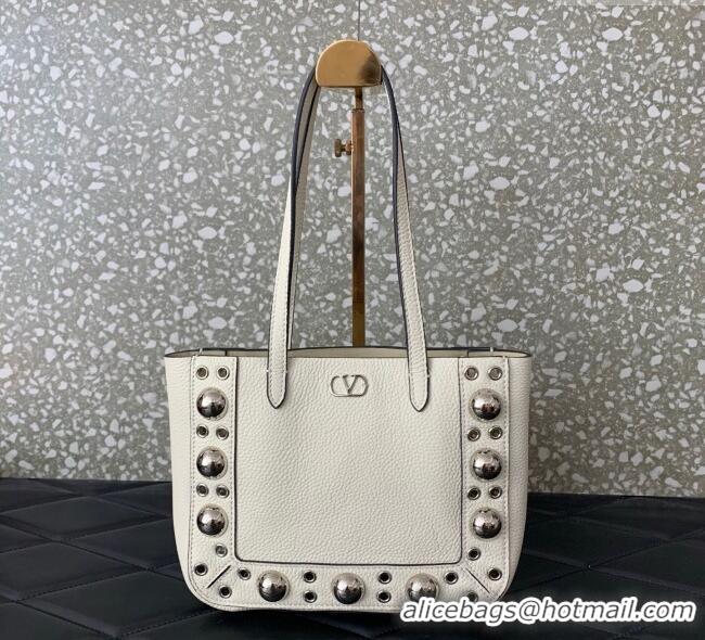 Top Quality Valentino Mini Nellcôte Shopping Bag in Grainy Calfskin with Ball Studs 0078 White 2025