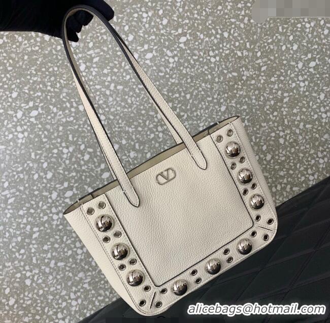 Top Quality Valentino Mini Nellcôte Shopping Bag in Grainy Calfskin with Ball Studs 0078 White 2025