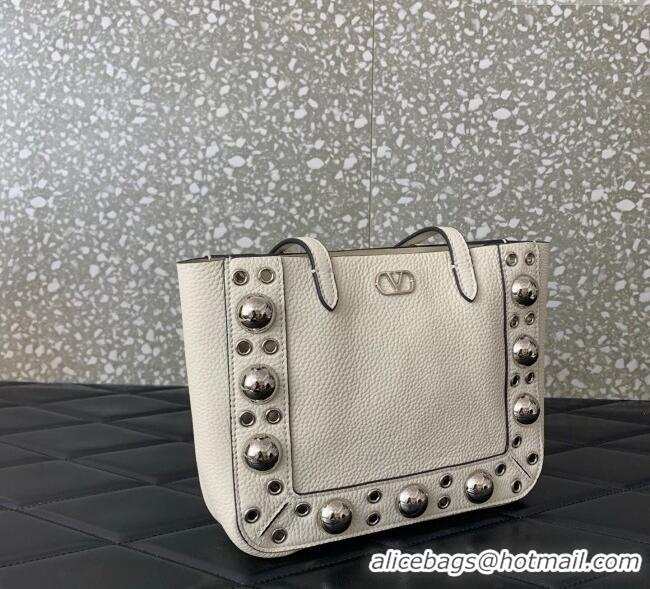 Top Quality Valentino Mini Nellcôte Shopping Bag in Grainy Calfskin with Ball Studs 0078 White 2025
