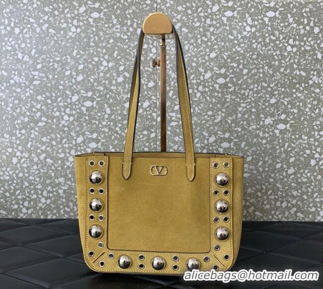 Trendy Design Valentino Mini Nellcote Shopping Bag in Suede with Ball Studs 0078 Khaki 2025