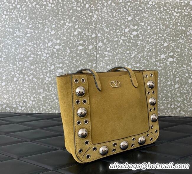 Trendy Design Valentino Mini Nellcote Shopping Bag in Suede with Ball Studs 0078 Khaki 2025