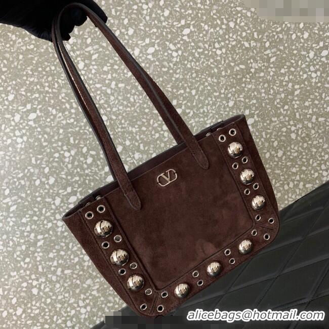 Well Crafted Valentino Mini Nellcote Shopping Bag in Suede with Ball Studs 0078 Brown 2025