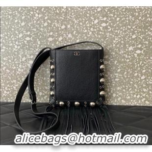 New Style Valentino Nellcote Small Shoulder Bag in Grainy Calfskin with Fringes Tassel and Ball Studs 2034 Black 2025