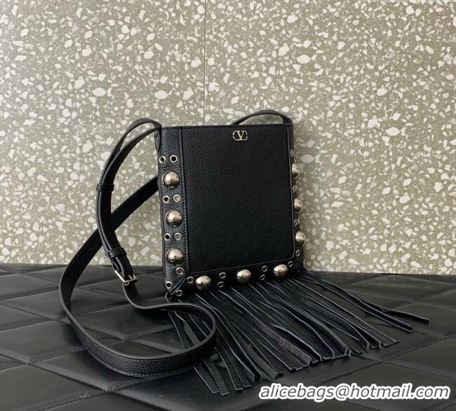 New Style Valentino Nellcote Small Shoulder Bag in Grainy Calfskin with Fringes Tassel and Ball Studs 2034 Black 2025