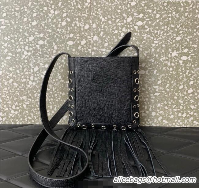 New Style Valentino Nellcote Small Shoulder Bag in Grainy Calfskin with Fringes Tassel and Ball Studs 2034 Black 2025