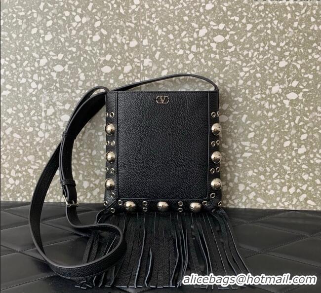 New Style Valentino Nellcote Small Shoulder Bag in Grainy Calfskin with Fringes Tassel and Ball Studs 2034 Black 2025