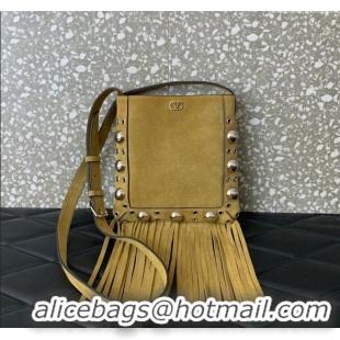 Grade Design Valentino Nellcote Small Shoulder Bag in Suede with Fringes Tassel and Ball Studs 2034 Khaki 2025