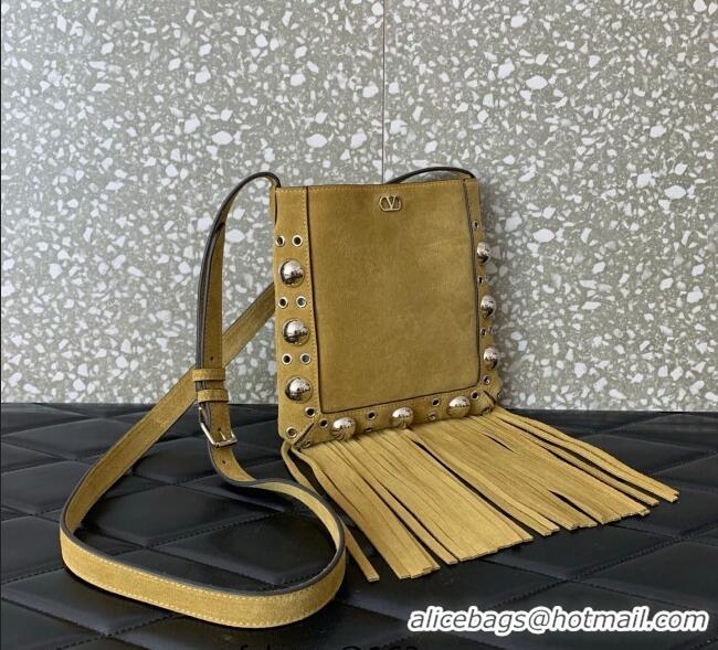 Grade Design Valentino Nellcote Small Shoulder Bag in Suede with Fringes Tassel and Ball Studs 2034 Khaki 2025