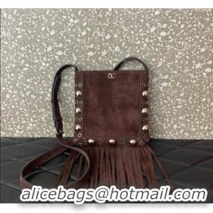 Top Grade Valentino Nellcote Small Shoulder Bag in Suede with Fringes Tassel and Ball Studs 2034 Brown 2025