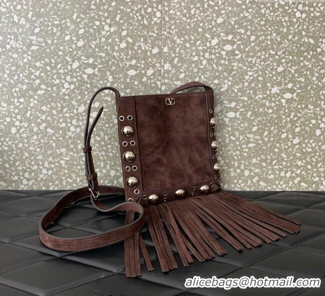 Top Grade Valentino Nellcote Small Shoulder Bag in Suede with Fringes Tassel and Ball Studs 2034 Brown 2025