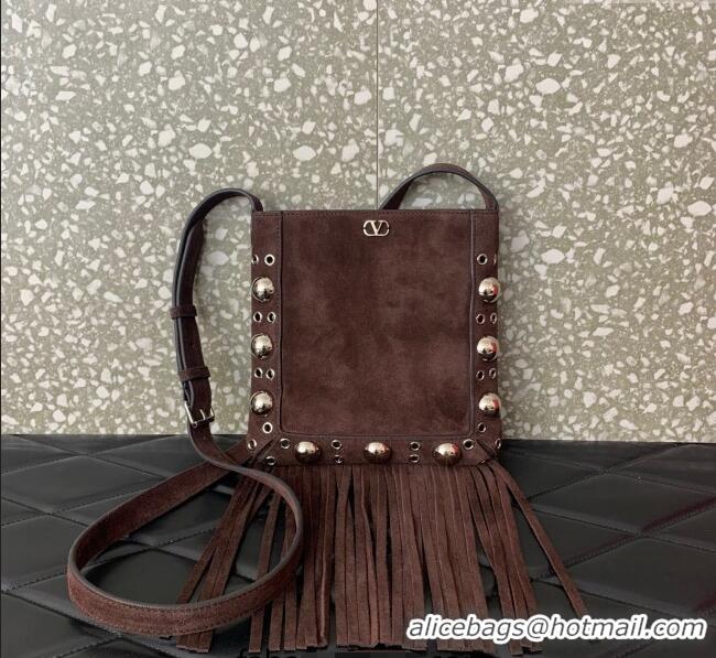 Top Grade Valentino Nellcote Small Shoulder Bag in Suede with Fringes Tassel and Ball Studs 2034 Brown 2025