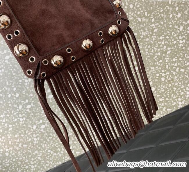 Top Grade Valentino Nellcote Small Shoulder Bag in Suede with Fringes Tassel and Ball Studs 2034 Brown 2025