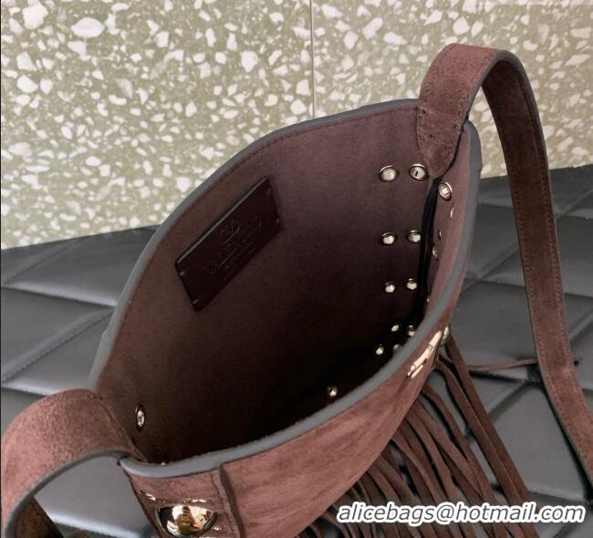Top Grade Valentino Nellcote Small Shoulder Bag in Suede with Fringes Tassel and Ball Studs 2034 Brown 2025