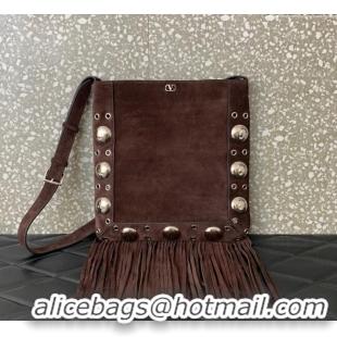 Modern Classic Valentino Nellcote Shoulder Bag in Suede with Fringes Tassel and Ball Studs 2033 Brown 2025