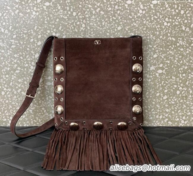 Modern Classic Valentino Nellcote Shoulder Bag in Suede with Fringes Tassel and Ball Studs 2033 Brown 2025