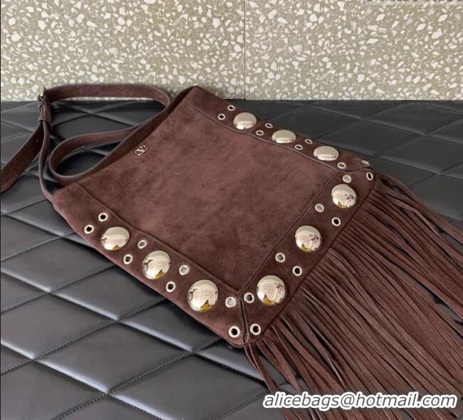 Modern Classic Valentino Nellcote Shoulder Bag in Suede with Fringes Tassel and Ball Studs 2033 Brown 2025