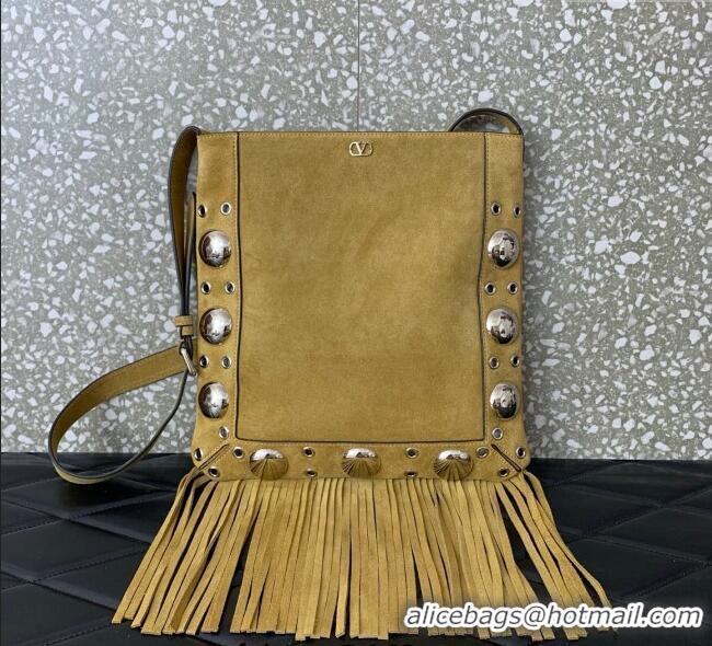 Best Product Valentino Nellcote Shoulder Bag in Suede with Fringes Tassel and Ball Studs 2033 Khaki 2025