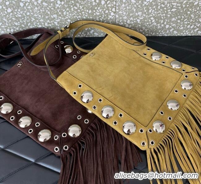 Best Product Valentino Nellcote Shoulder Bag in Suede with Fringes Tassel and Ball Studs 2033 Khaki 2025