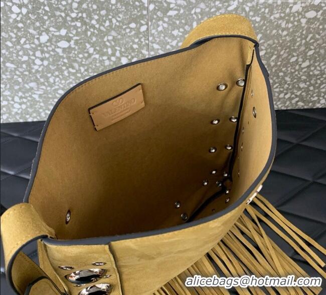 Best Product Valentino Nellcote Shoulder Bag in Suede with Fringes Tassel and Ball Studs 2033 Khaki 2025