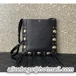 Top Quality Valentino Nellcote Shoulder Bag in Grainy Calfskin with Fringes Tassel and Ball Studs 2033 Black 2025