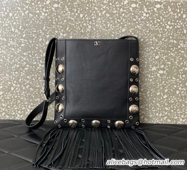 Top Quality Valentino Nellcote Shoulder Bag in Grainy Calfskin with Fringes Tassel and Ball Studs 2033 Black 2025