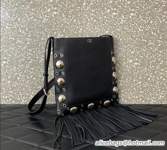 Top Quality Valentino Nellcote Shoulder Bag in Grainy Calfskin with Fringes Tassel and Ball Studs 2033 Black 2025