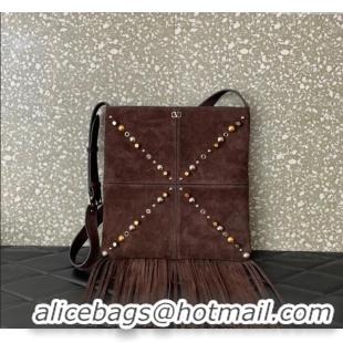 Top Grade Valentino Nellcote Shoulder Bag in Suede with Fringes Tassel and Studs 2027 Brown 2025