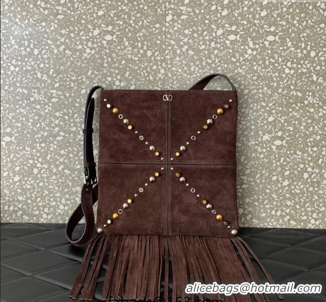 Top Grade Valentino Nellcote Shoulder Bag in Suede with Fringes Tassel and Studs 2027 Brown 2025