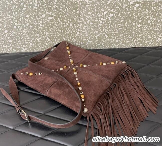 Top Grade Valentino Nellcote Shoulder Bag in Suede with Fringes Tassel and Studs 2027 Brown 2025