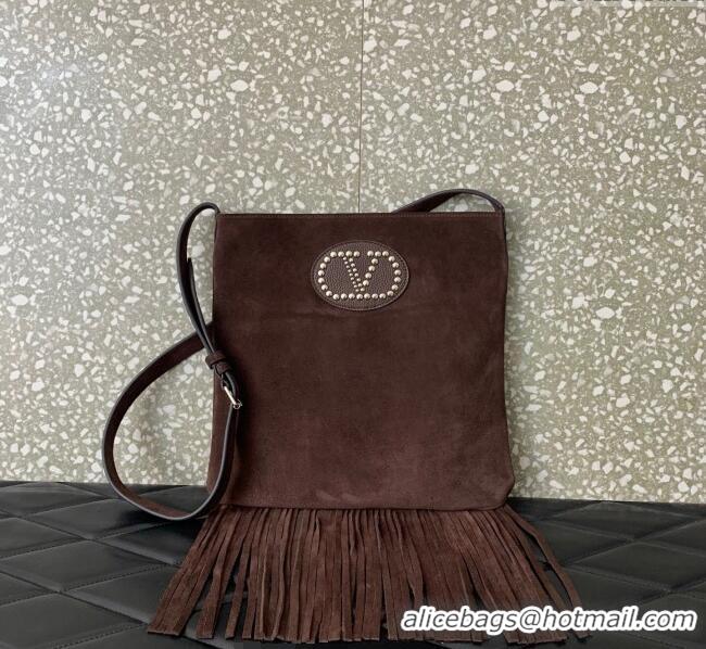 Grade Quality Valentino Nellcote Shoulder Bag in Suede with Stud VLogo Signature and Fringes Tassel 2026 Brown 2025