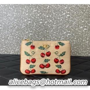 Super Quality Valentino Vlogo Signature Pouch in jacquard raffia starw with Cherryfic motif VLTN036 Beige 2025