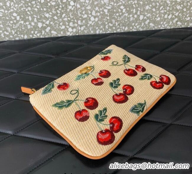 Super Quality Valentino Vlogo Signature Pouch in jacquard raffia starw with Cherryfic motif VLTN036 Beige 2025