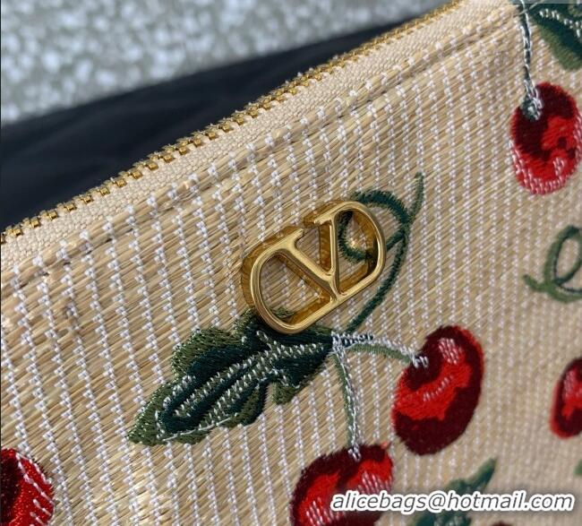 Super Quality Valentino Vlogo Signature Pouch in jacquard raffia starw with Cherryfic motif VLTN036 Beige 2025
