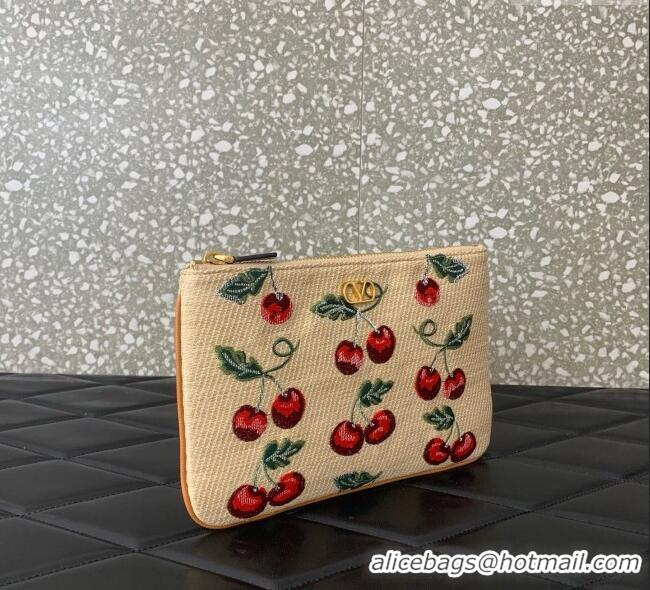 Super Quality Valentino Vlogo Signature Pouch in jacquard raffia starw with Cherryfic motif VLTN036 Beige 2025