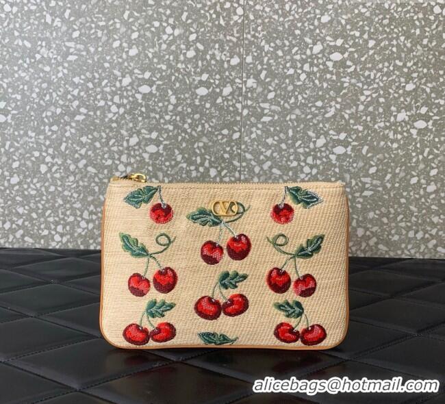 Super Quality Valentino Vlogo Signature Pouch in jacquard raffia starw with Cherryfic motif VLTN036 Beige 2025