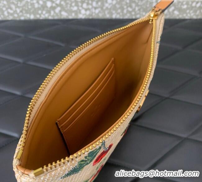 Super Quality Valentino Vlogo Signature Pouch in jacquard raffia starw with Cherryfic motif VLTN036 Beige 2025