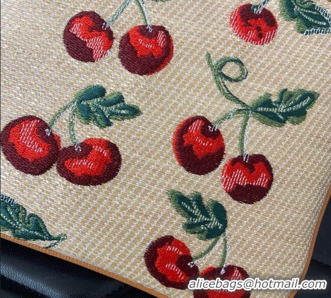 Super Quality Valentino Vlogo Signature Pouch in jacquard raffia starw with Cherryfic motif VLTN036 Beige 2025