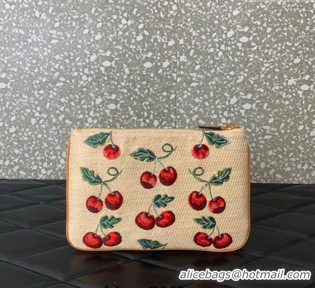 Super Quality Valentino Vlogo Signature Pouch in jacquard raffia starw with Cherryfic motif VLTN036 Beige 2025