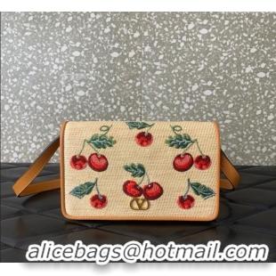 Affordable Price Valentino Vlogo Signature mini shoulder bag in jacquard raffia starw with Cherryfic motif 2089 Beige 20