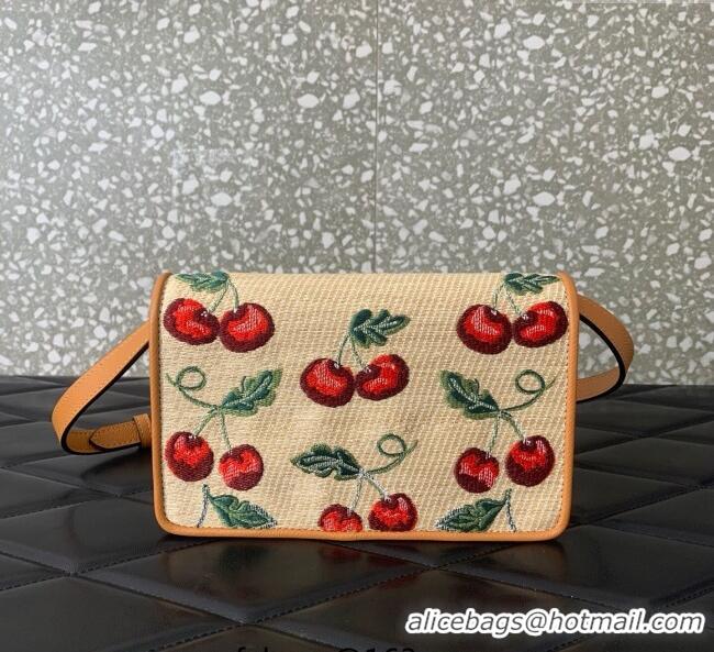 Affordable Price Valentino Vlogo Signature mini shoulder bag in jacquard raffia starw with Cherryfic motif 2089 Beige 20